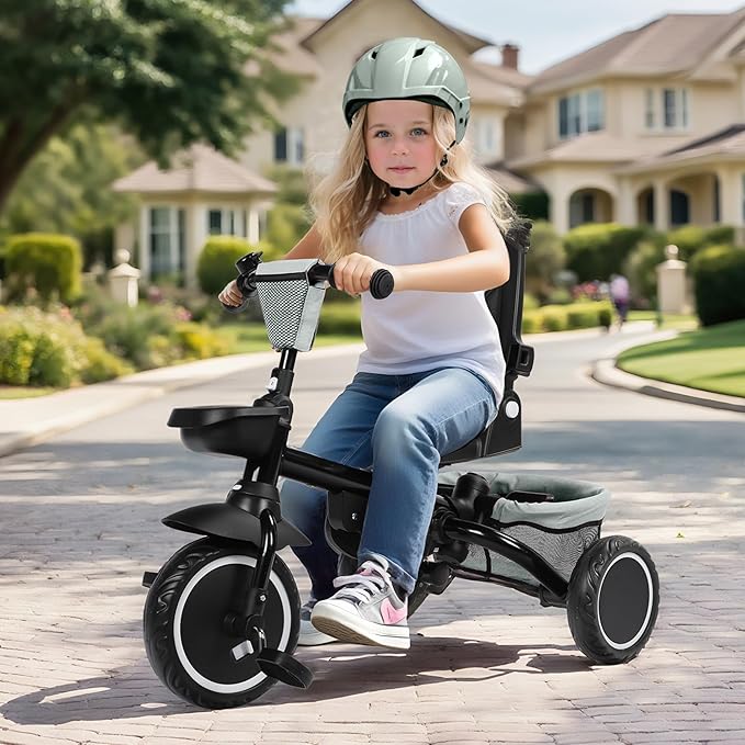 Kinder King Kids Tricycle, 8 in 1 Folding Toddler Trike w/Adjustable Push Handle, Rotatable Seat, Adjustable Canopy, Bell, Five-Point Harness, Storage, Toddler Bike for Age 1-3, Green