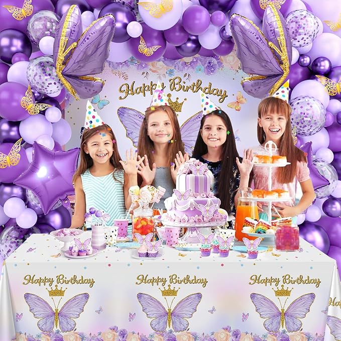 Purple Balloon Arch Kit with Foil Butterfly Balloons, Happy Birthday Backdrop & Tablecloth Decorations for Girl's Party