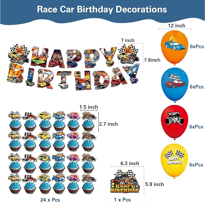 122 Pcs Hot Car Birthday Party Supplies,Included Banner,Backdrop,Tablecloth,Cake Topper,Cupcake Toppers,Balloon,Racing Car Tableware Set for Boy and Girl Wheel Party Decorations