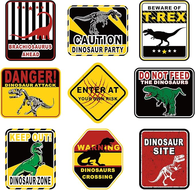 Blulu 9 Pcs Dinosaur Birthday Decoration Jurassic Paper Signs Jurassic Theme Decor Party Favors Beware of Dinosaur Crossing Sign Wall Poster for Kids Birthday Halloween Props