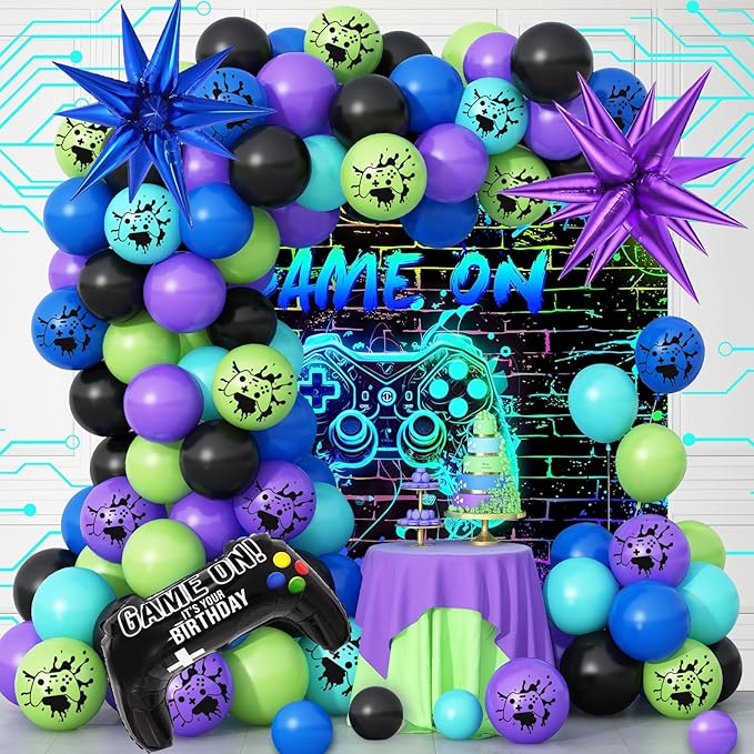 120 Pcs Video Game Balloon Garland Arch Kit, Black Blue Purple Light Green Balloons For Cartoon Gaming Night Themed Birthday Decorations Boys Kids Gatherings Party Supplies