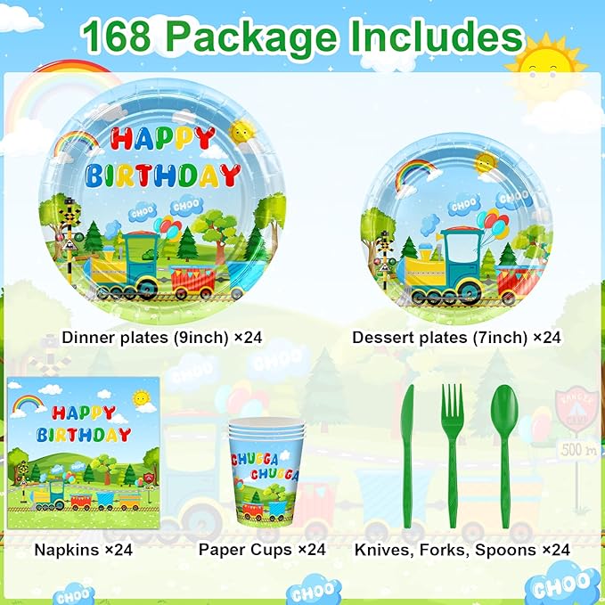 Avezano 168 PCS Train Birthday Party Supplies Includes Paper Plates, Cups, Napkins, Knives, Forks, Spoons for Chuagaa Train Birthday Party Decorations, Serves 24