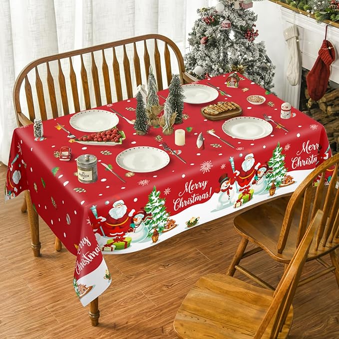 Staraise 3PCS Christmas Tablecloth, Red Rectangular Plastic Christmas Tablecloth, Winter Snowflake Snowman and Santa Claus Disposable Table Cover for Party Picnic Dinner Decor, 51.2X 86.6inch