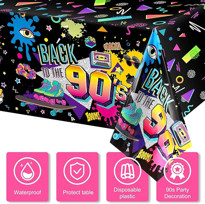 Tegeme 6 Pcs 90s Plastic Party Table Cover Back to The 90's Tablecloth 90s Birthday Party Decoration The 90's Hip Hop Supplies Throwback Birthday Decor for Room Kitchen 54 x 108 Inch