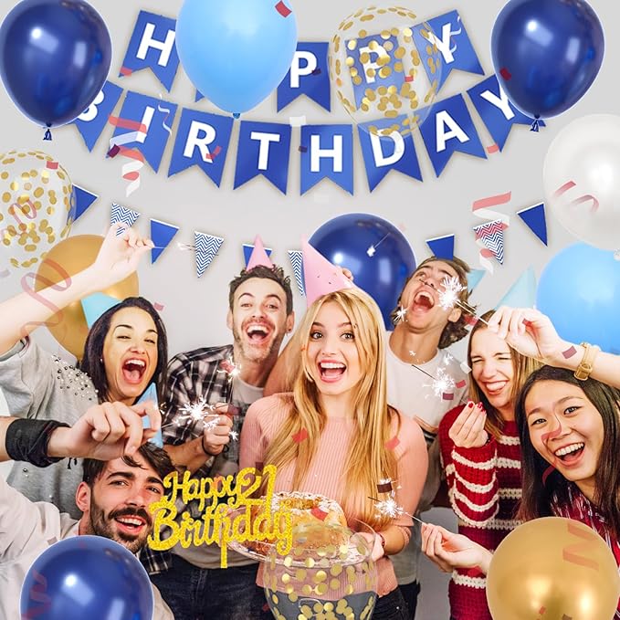 21st Birthday Decorations, Dark Happy Birthday Party Decorations With Number 21 Balloons Metallic Gold Pearl White Light Blue Fringe Curtain Banner Cake Topper For Man Woman Party Supplies