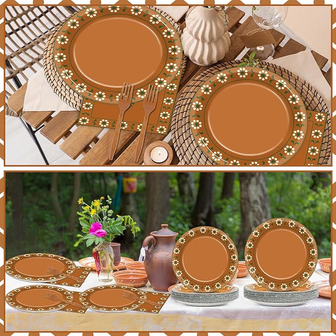 96Pcs Platos De Barro Mexicanos Paper Plates and Napkins Terracotta Flower Clay Pottery Party Decor Mexica Theme Tableware for 24 Guests Fiesta Birthday Wedding Baby Shower Party Supplies