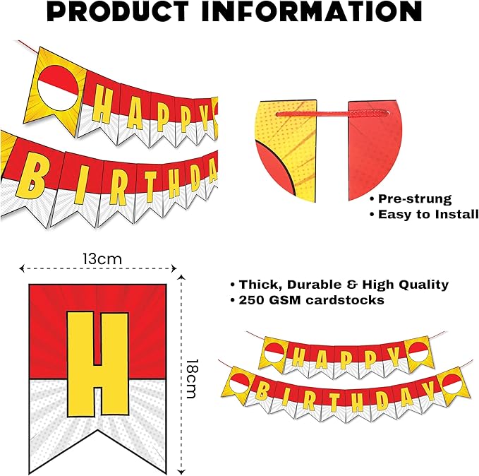 Cartoon Red White Yellow Happy Birthday Banner 10ft long Pre Strung No DIY Cute Anime Birthday Decorations Party Supplies Happy Birthday Sign for Boys Birthday Party Decorations Party Favors for Kids