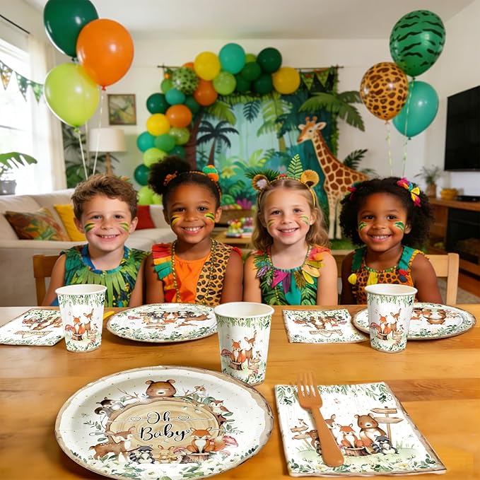 96 Pcs Woodland Baby Shower Party Supplies - Serves 24 Guests, Safari Jungle Animal Party Decorations Include Plates and Napkins, Forks