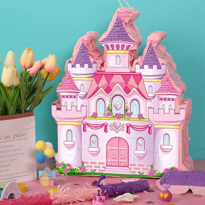 Princess Castle Piñata Bundle Girl Princess Party Piñata Set Include Pink Castle Piñata stick and Blindfold Mask for Princess Theme Birthday Party Supplies Decor, 16.1 x 13.4 x 3.2 Inch