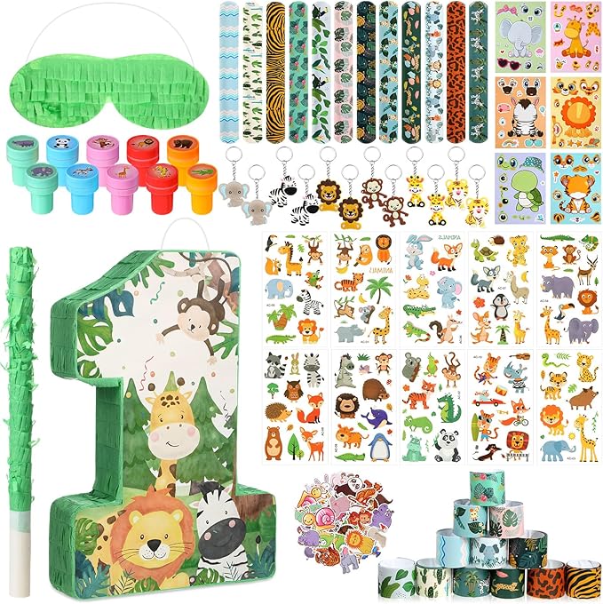 Pasimy 93 Pcs Jungle Safari Party Favors Include Wild One Piñata Stick Blindfold Zoo Animal Stickers Forest Slap Bracelets Stampers Keychains for Jungle Safari Birthday Party Supplies