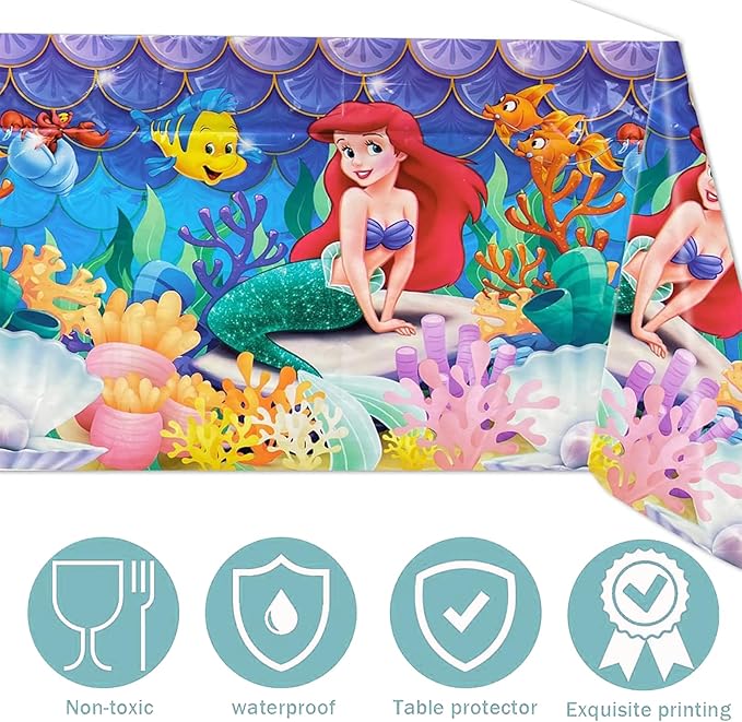 Little Mermaid Tablecloth, 2pcs Rectangular Plastic Table Cover, 70'' x 42'', Waterproof Birthday Party Supplies Decorations (2 Pack Blue Pink) 1