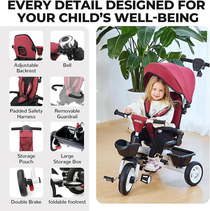 JMMD 7 in 1 Tricycle Stroller with Push Handle, Baby Trike with 360° Swivel Seat, Reclining Backrest, All-Terrain Wheels, Dual Brakes, Canopy & Storage, Gift for Kids 18 Months to 5 Years, Red