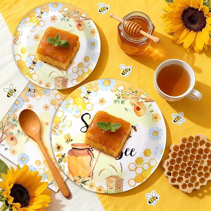 96Pcs Bee Party Decorations Bee Paper Plates and Napkins and Cups Baby Shower Sweet One Kids First Birthday Tea Party Decorations Supplies, Serves 24