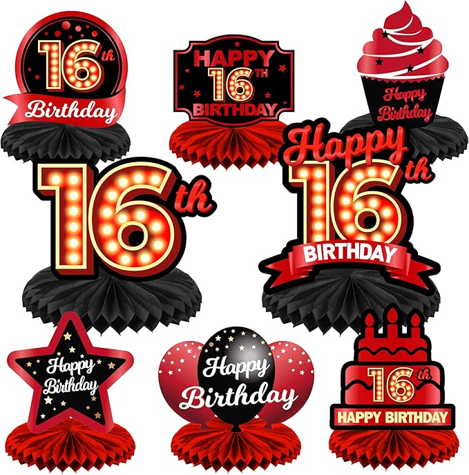 Happy 16th Birthday Red and Black Table Honeycomb Centerpieces Balloons Theme Decor Table Decorations Table Toppers for Girls Women Princess 16 Years Old Birthday Party Bday Supplies Background Gold