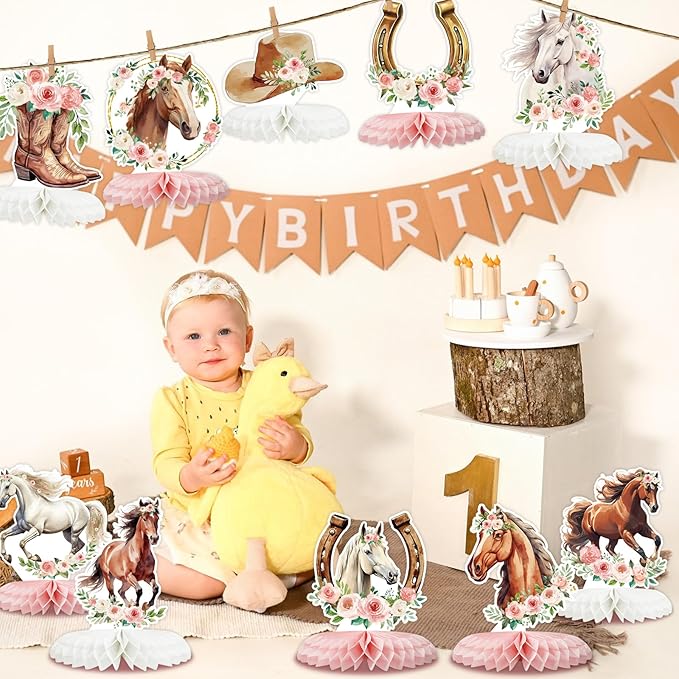 Tarklanda 12 Pcs Cowgirl Honeycomb Centerpieces Floral Horse Table Toppers Western Girl Centerpieces Decorations for Birthday Wedding Party Baby Shower Supplies