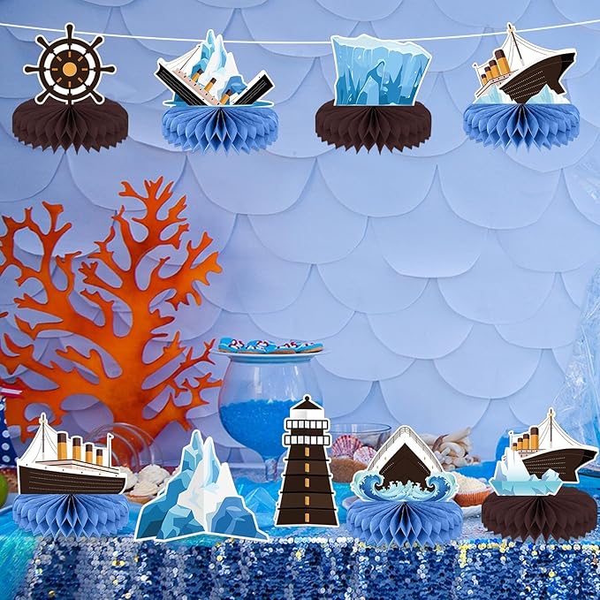 12Pcs Nautical Party Supplies Cruise Ship Birthday Honeycomb Centerpieces for Ocean Party Decorations Ship Theme Table Honeycomb for Ocean Cruise Liner Nautical Winter Birthday Party Favors