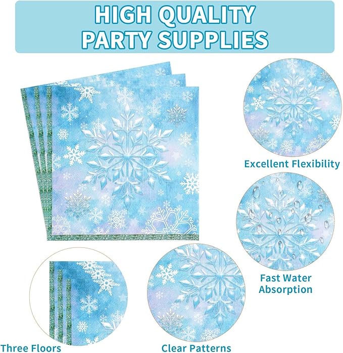 Grencian 96 Pcs Frozen Party Supplies Disposable Winter Snowflake Frozen Plates and Napkins Fork Tableware Set Frozen Birthday Party Decorations for Christmas Winter Onderland Decorations Serves 24