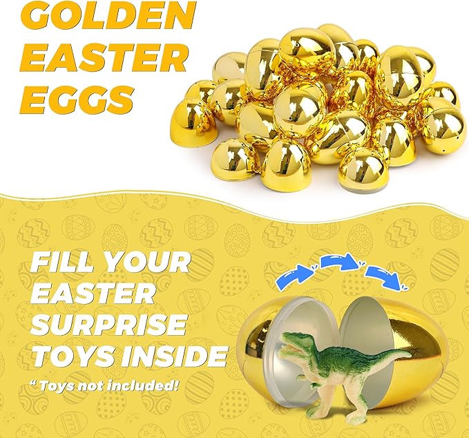 24 Pack Gold Easter Eggs, 2.4 Inch Metallic Plastic Empty Golden Eggs Fillable for Easter Eggs Hunt, Easter Basket Stuffers Fillers, Classroom Prize Supplies, Filling Treats and Party Favors