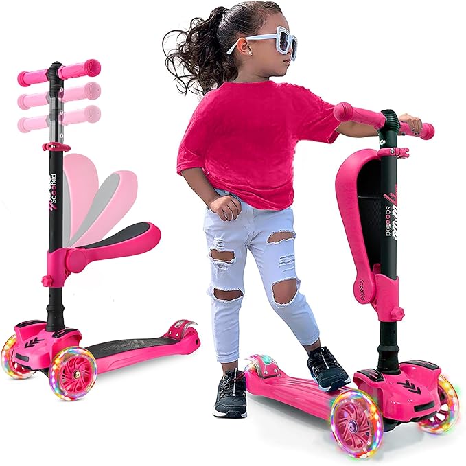 Hurtle 3-Wheeled Scooter for Kids - Wheel LED Lights, Adjustable Lean-to-Steer Handlebar, and Foldable Seat - Sit or Stand Ride with Brake for Boys and Girls Ages 1-14 Years Old