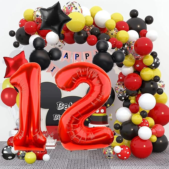 Mouse Number 2 Balloon 40 Inch Red Number 2 Balloon Mini Mouse Head Balloons for 2nd Birthday Party, Black Red Large Numeral Two Foil Balloons for Baby Shower Anniversary Supplies Decoration