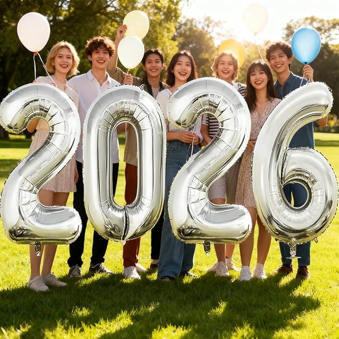 Huge 2026 New Year Balloons 40 Inch 2026 Silver Mylar Foil Helium Number Balloons Christmas New Year Eve Graduation Party Decorations Supplies