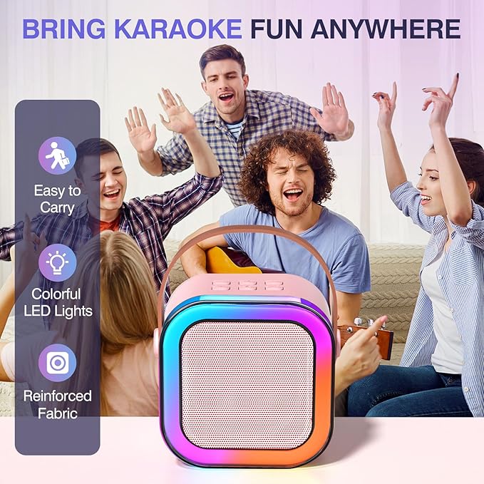 Mini Karaoke Machine for Kids Ages 2-12, Portable Wireless Karaoke Speaker with LED Party Lights & 2 Wireless Microphones, Perfect Birthday & Holiday Toys Gifts for Girls Boys（K12-Pink）