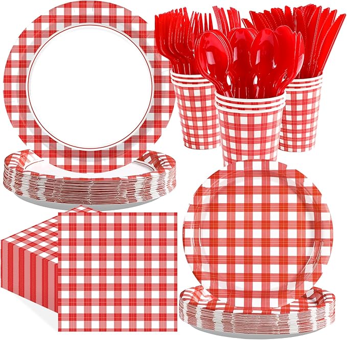 168Pcs Red Gingham Party Decorations Red and White Checkered Buffalo Plaid Plates Napkins Cups Forks Knives Spoons Tableware Set for Summer Pizza BBQ Picnic Baby Shower Birthday Party Supplies Serve24