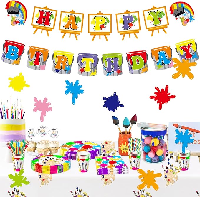 Zwiebeco Colorful Painting Art Happy Birthday Banner Hanging Paper Sign for Girls Boys Kids Adults Graffiti Paint Themed Birthday Party Decoration Supplies