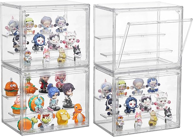 Clear Acrylic Display Case,4 Pack 3 Tier Adjustable Display Box Stand with 2 Movable Plates, Small Showcase Magnetic Door for Mini Action Figures Collectibles (Small