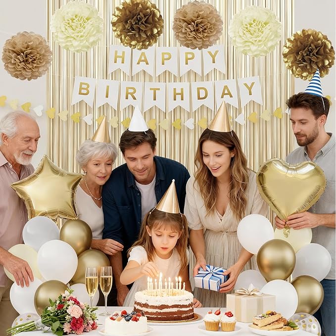 White and Gold Birthday Decorations for Women, Happy Birthday Party Decorations, Happy Birthday Banner, Gold White Sand Ivory Balloons, Tissue Paper Pompoms, Heart Garland, Party Decor for Girls