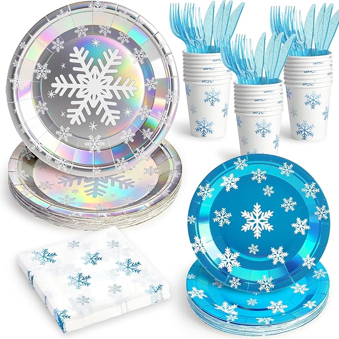 144Pcs Snowflake Frozen Birthday Party Supplies Decorations Laser Paper Plates Napkins Vintage Party Tableware Disposable Snow Dinnerware Set for Kids Birthday Baby Shower Table Decor, Serve 24