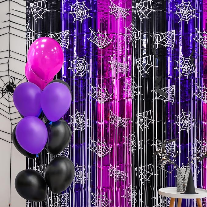 Wednesday Birthday Party Supplies, 2 Pack Wednesday Party Decorations 3.3x6.6ft Black Purple and Pink Tinsel Foil Fringe Curtains, Gothic Photo Booth Prop Backdrop Streamer for Girl in Dark
