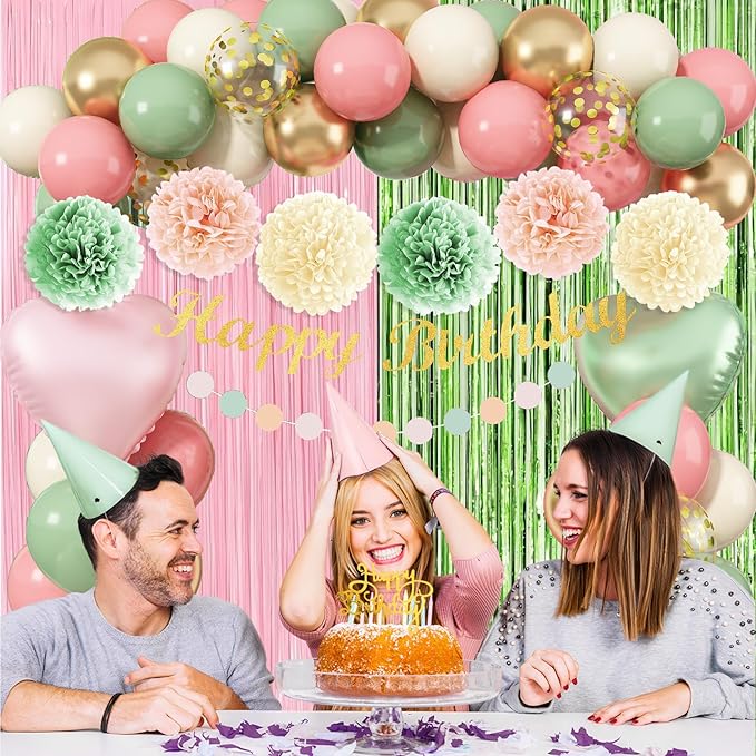 Sage Green Pink Birthday Decorations, Blush Pink Olive Green Gold Sand White Latex Confetti Balloons Boho Happy Birthday Banner Fringe Curtain Pompom for Women Girls Woodland Fairy Party Decor