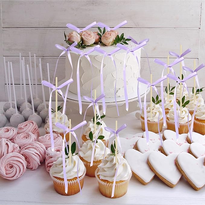 Ephlyn 30Pcs Bow Cupcake Toppers Valentine's Bowknot Ribbons Coquette Bow High Footed Cup Balloon Wall Party Decorations Cake Dessert Picks Birthday Wedding Party Supplies Purple