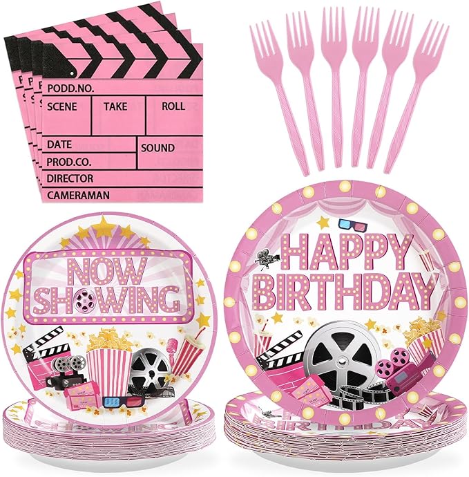 Grencian 96Pcs Movie Night Party Decorations Pink Movie Plates and Napkins Disposable Camera Popcorn Theater Paper Tableware for Girls Film Festival Birthday Film Theme Party Supplies, Serves 24