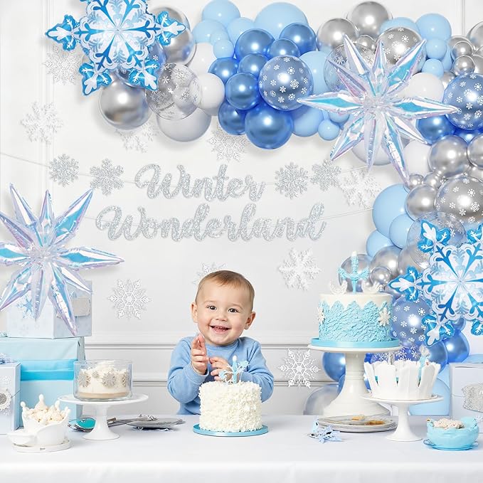 Amandir 162PCS Blue Snowflake Balloons Arch Garland Kit, Winter Wonderland Banner White Silver Latex Snow Confetti Balloons Princess Winter Wonderland Christmas Baby Shower Birthday Party Decorations