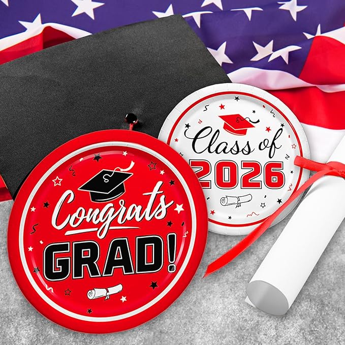 Oigco Graduation Red Party Supplies Kit Dinner Plates Dessert Plates and Napkins for Congrats Grad Party Decorations, Serves 50