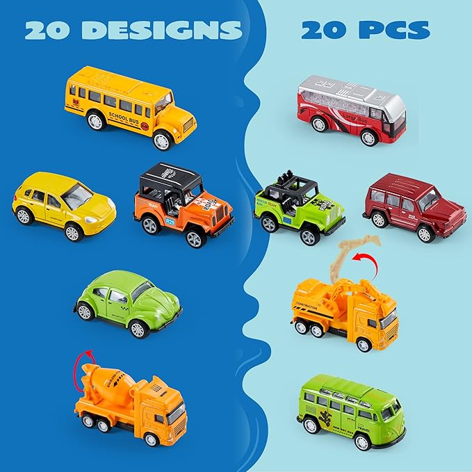JOYIN 20PCS Die Cast Pull Back Cars, Metal Toy Cars, Car Toys Bulk, Vehicle Set for Toddlers, Kids Party Favors, Cake Toppers, Stocking Stuffers, Race Cars Toys for Boys, Easter Basket