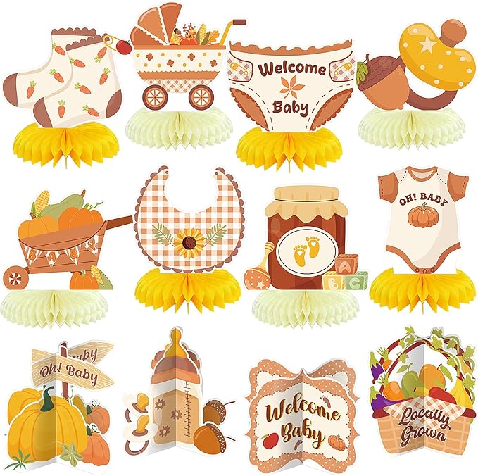 12 Pcs Fall Locally Grown Baby Shower Decorations Fall Honeycomb Centerpieces Pumpkin Corn Honey Acorn Farmers Market Baby Shower Table Topper Decoration for Birthday Party Favors Supplies