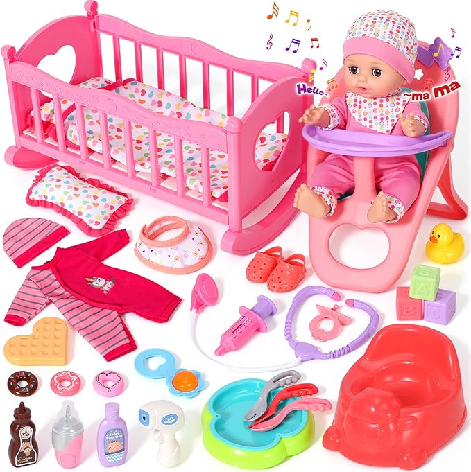 12'' Baby Doll Set with Crib and High Chair, 32 PCS Interactive Baby Doll Make 12 Sounds with Baby Doll Accessories, Doll Playset Toddler Girl Toys Birthday Gifts for 3 4 5 Years Old