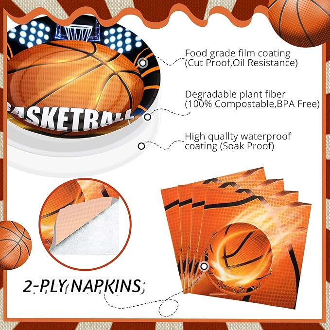 Umigy 100 Pcs Basketball Plates and Napkins Party Supplies Basketball Tableware Dinner Lunch Dessert Appetizer for Kids Boys Baby Shower Birthday Sport Party Decor Serves 50(Classic Style)