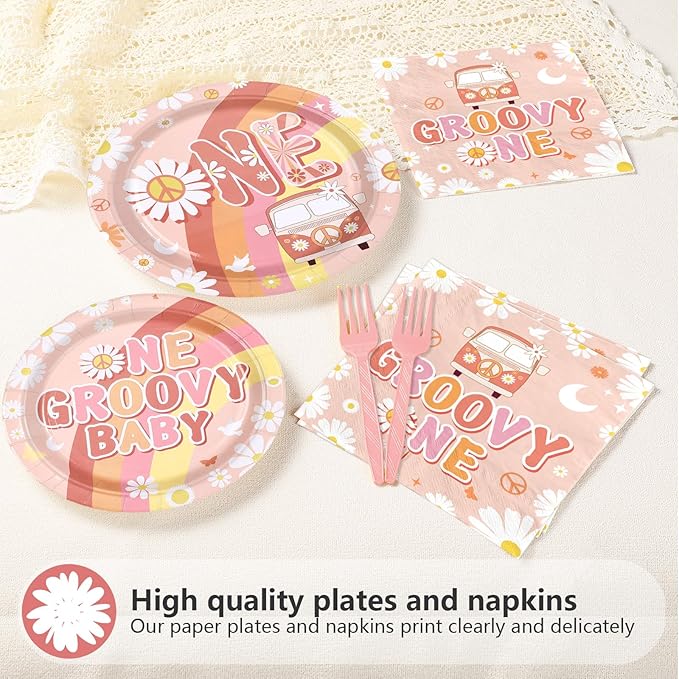 96Pcs Groovy One Birthday Party Decorations Boho Groovy 1st Birthday Plates and Napkins Tableware Set Daisy Flower Rainbow Boho Decorations for 1 Year Old Baby Shower Gender Reveal Supplies Serves 24