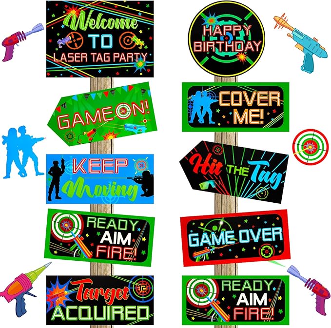 Gueevin 20 Pcs Party Supplies Decorations Home Sign Cutouts for Party Decorations Supplies(Laser Tag)
