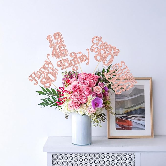 Gyufise 15Pcs Happy 80th Birthday Centerpiece Sticks Eighty Straight Outta 1946 Table Flower Centerpieces Sticks Cheers to 80 Decorations for 80th Birthday Party Supplies Rose Gold