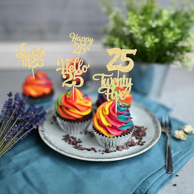 30pcs 25th Birthday Cupcake Toppers - 25th Anniversary Cake Decorations with Gold Glitter