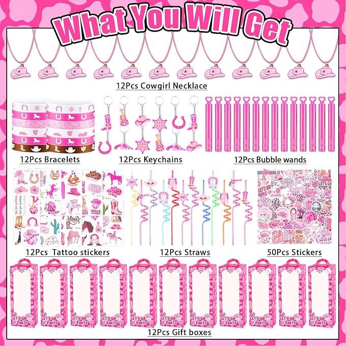 Cowgirl Party Favors Pack - For 12Guests | Pink Goodie Bag Stuffers for Kids Girls' Birthday | Galentines | Pinata Filler & Classroom Rewards