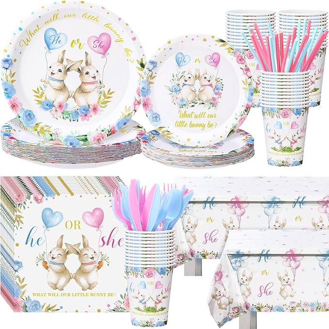Yungyan 231 Pcs Easter Bunny Gender Reveal Party Supplies, Serve 25, Easter Baby Shower Tableware Paper Plates Tablecloth Cups Napkins Straws and Napkins for Birthday Tableware Table Party Favors