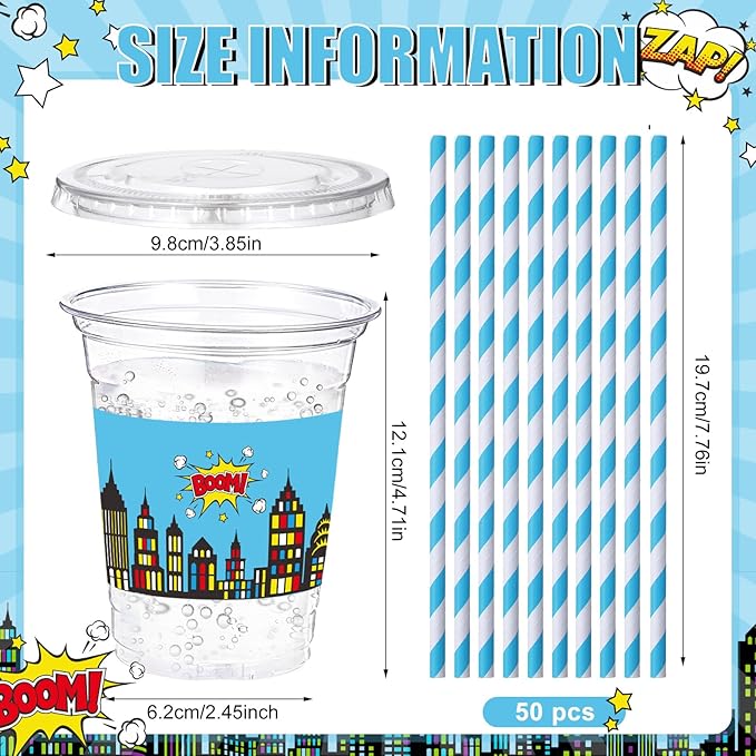 Yungyan 50 Sets Blue Hero Theme Party Plastic Cups with Lids and Straws 16 oz Coffee Juice Drinking Cups for Birthday Baby Shower Party Supplies