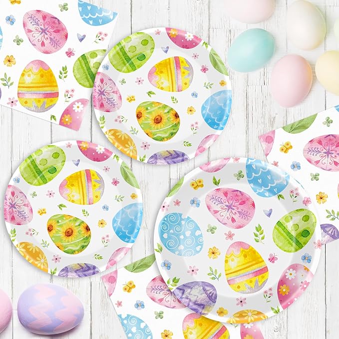 150 Pack Happy Easter Plates and Napkins Sets - Disposable Spring Paper Plates Napkins Dinnerware, Watercolor Easters Eggs Dessert Dinner Plate for Easter Party Supplies Table Decorations, Serve 50