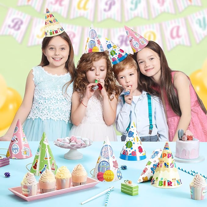 WERNNSAI Birthday Party Hats - 12 Pcs Birthday Party Supplies Cone Hat Headbands Colorful Paper Party Hats for Kids
